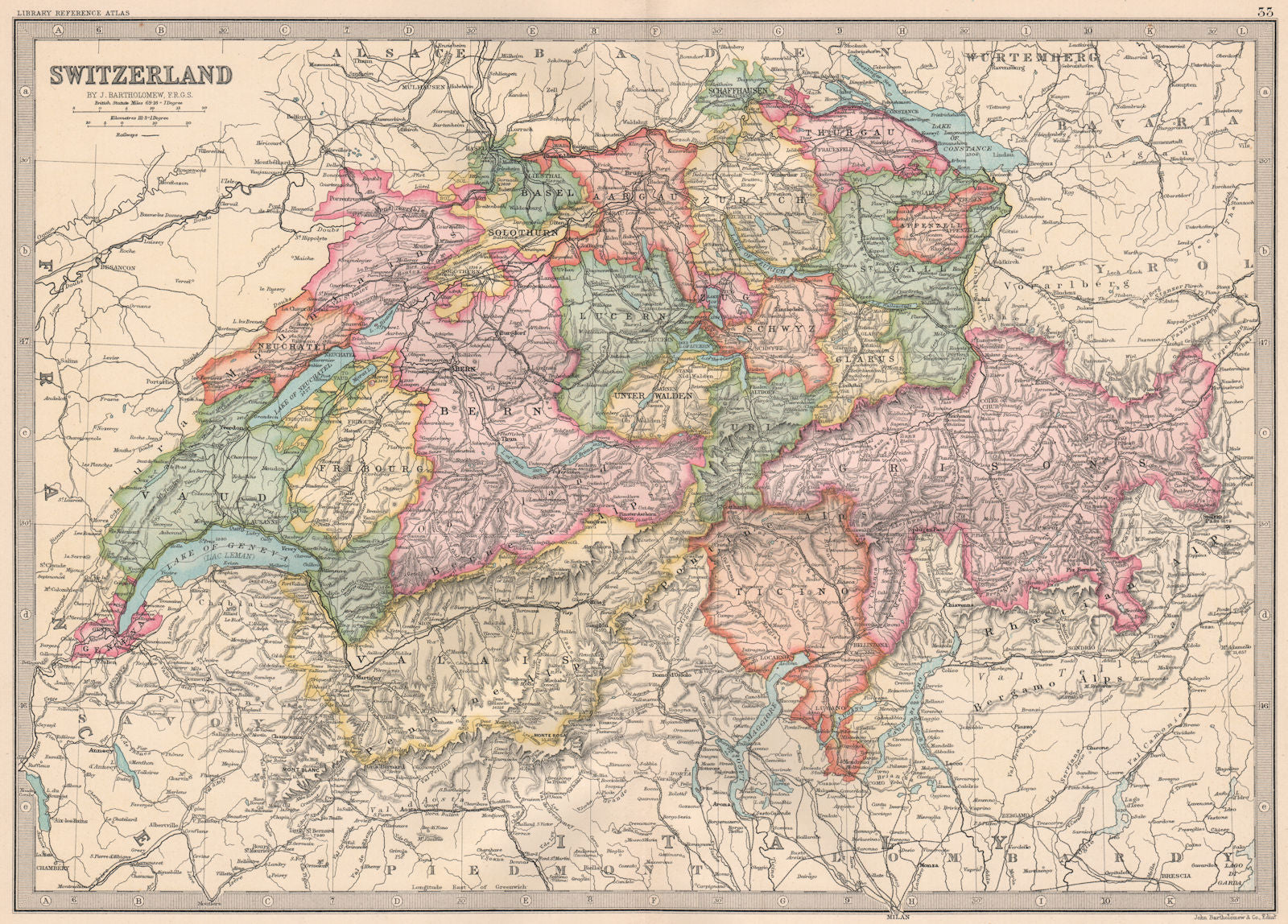 SWITZERLAND. in cantons. Railways. BARTHOLOMEW 1890 old antique map plan chart